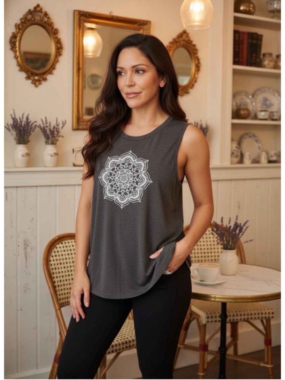 Charcoal Gray Mandala Graphic Muscle Tank Top XL